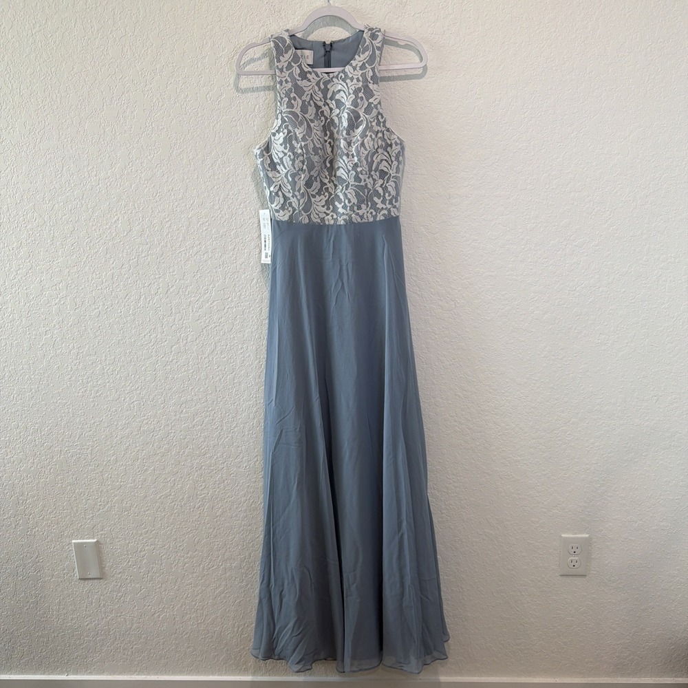 Azazie NWT Kate Dusty Blue Lace Detail Formal Bridesmaid Special Occasion A8